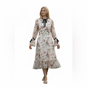 Marks & Spencer M&S Floral Tie-Neck Long Sleeve Dress in Cream and Rose UK 6/ US